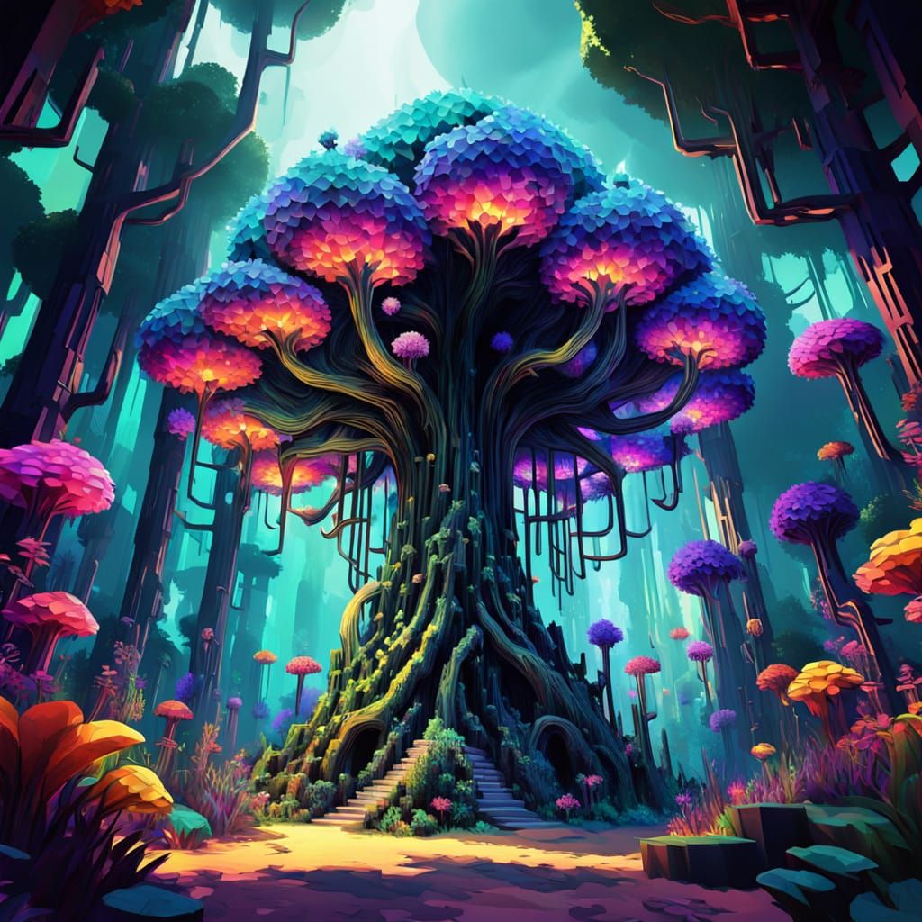 Vibrant, Surreal Forest of Cubic Blooms