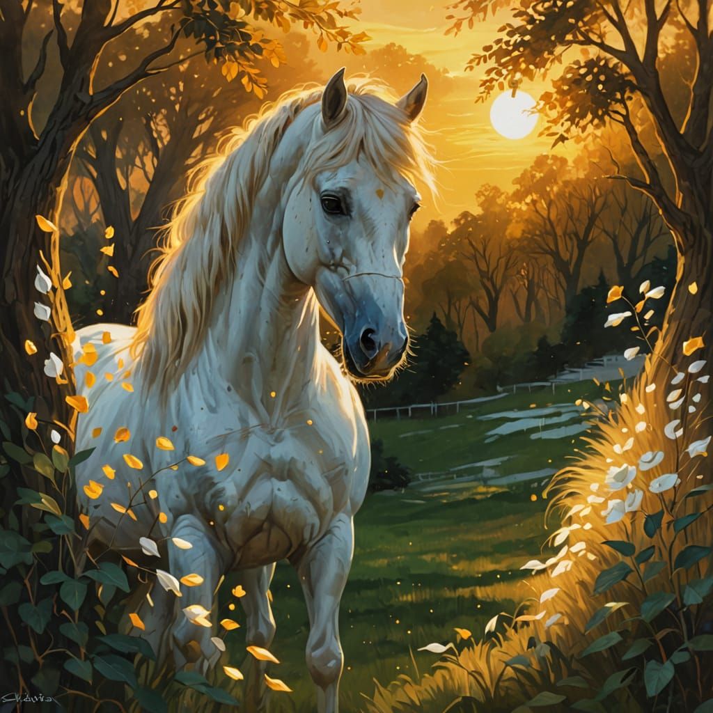 Ethereal Figure and Distant White Horse in Oil Painting