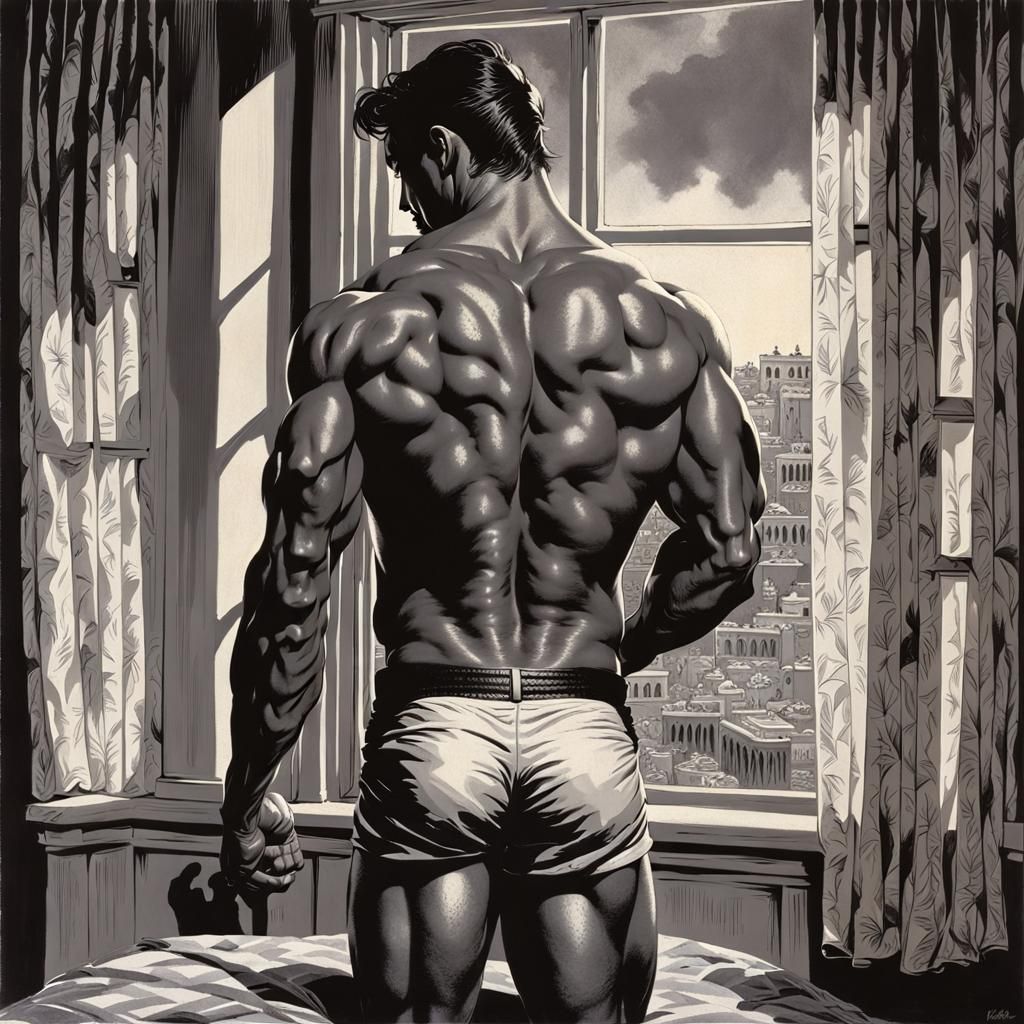 Chiaroscuro Illustration of Man Gazing Out Window