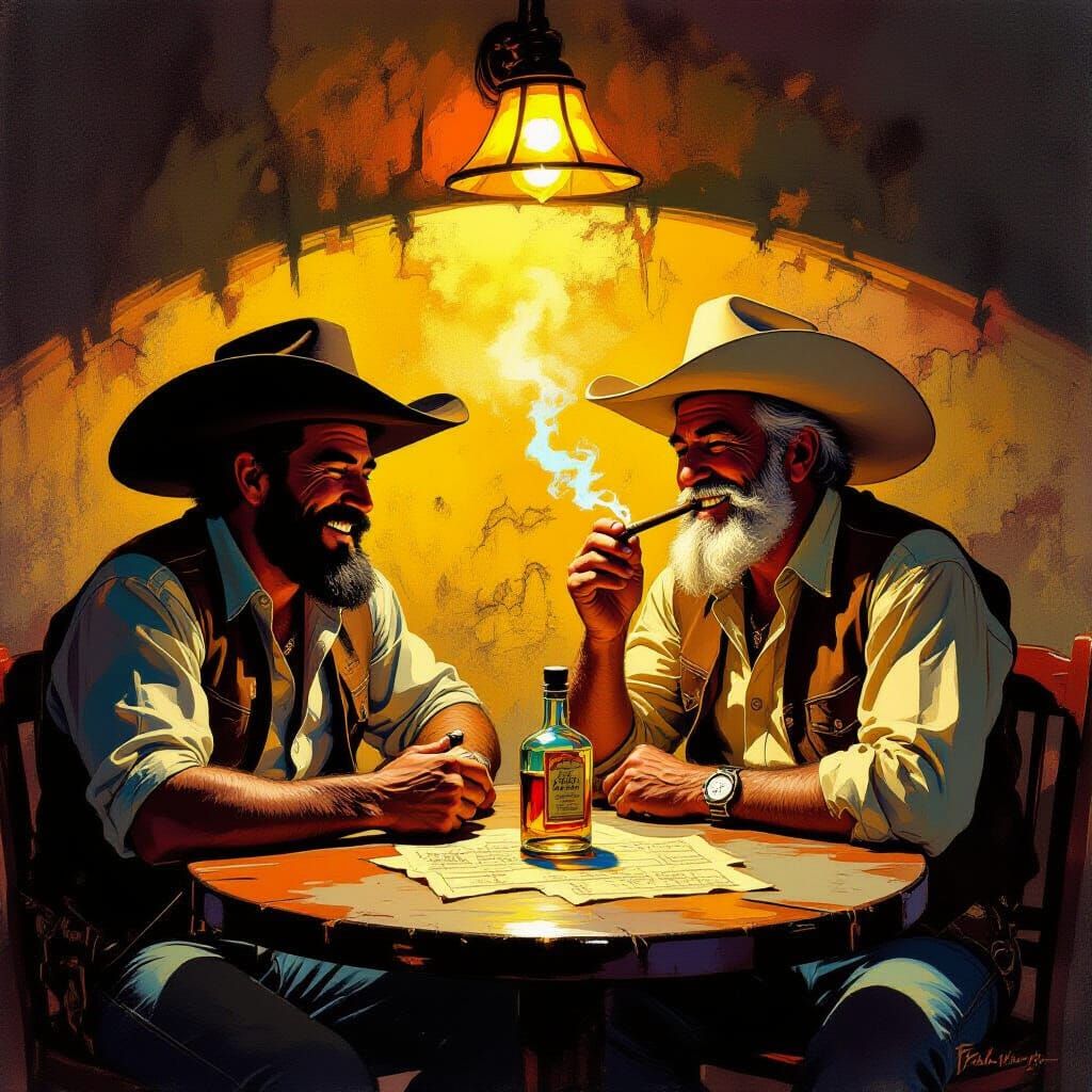Mexican Cowboy Lighting Rancher's Cigar, Cantina Scene