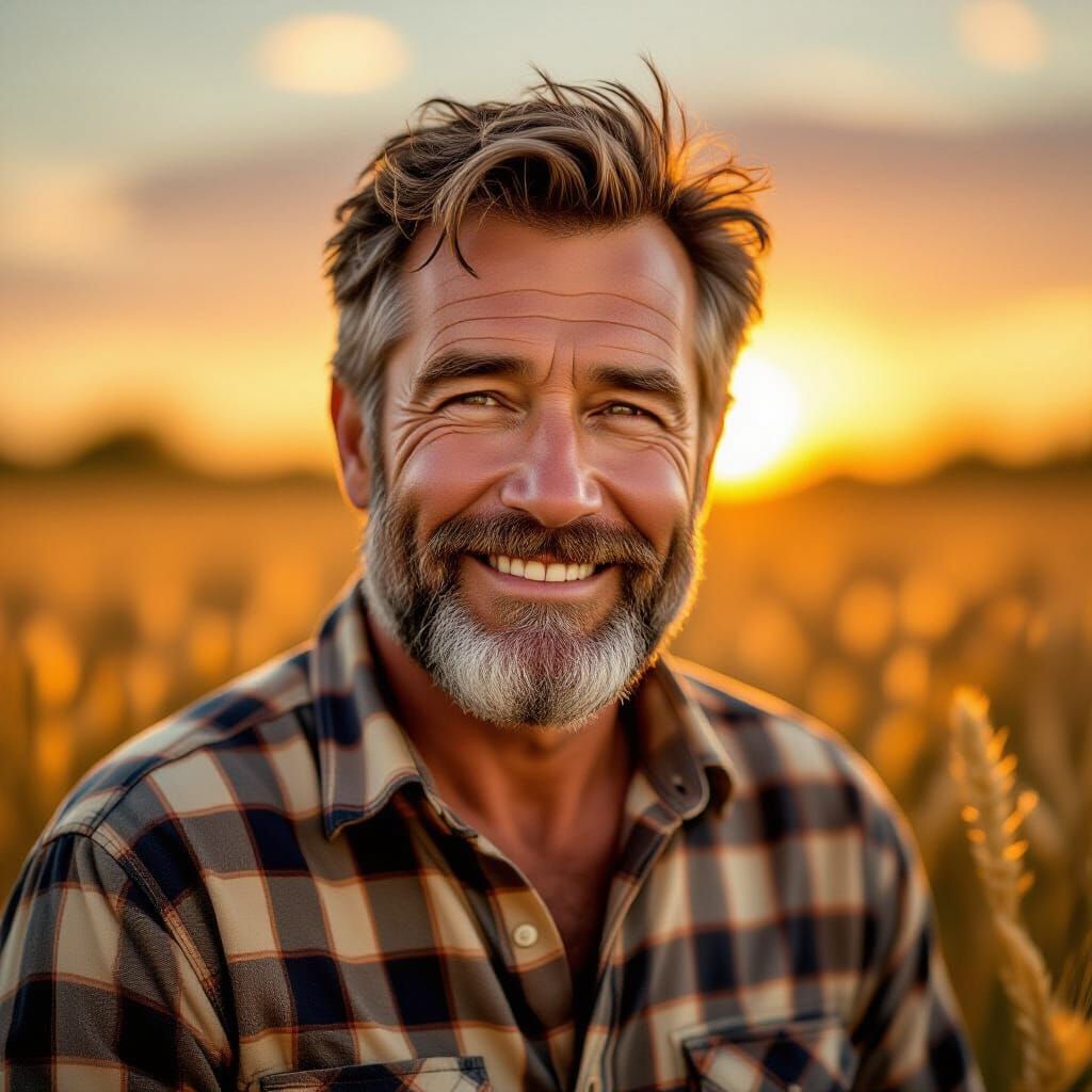 Rugged Man in Wheat Field at Sunset Oil Painting