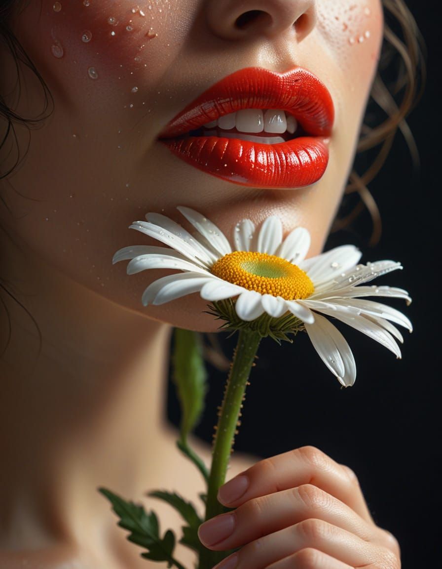Sensual Lips Cradle Delicate Daisy Petals in Warm Golden Lig...