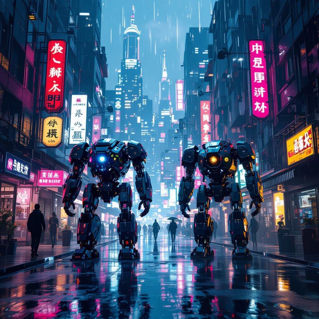 High-Tech City Drenched in Rain with Mechanical Guardians