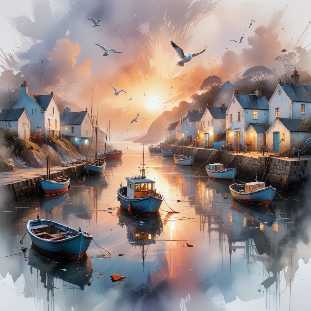 Cornish Harbour Sunrise: Boats & Cottages in Ethereal Waterc...