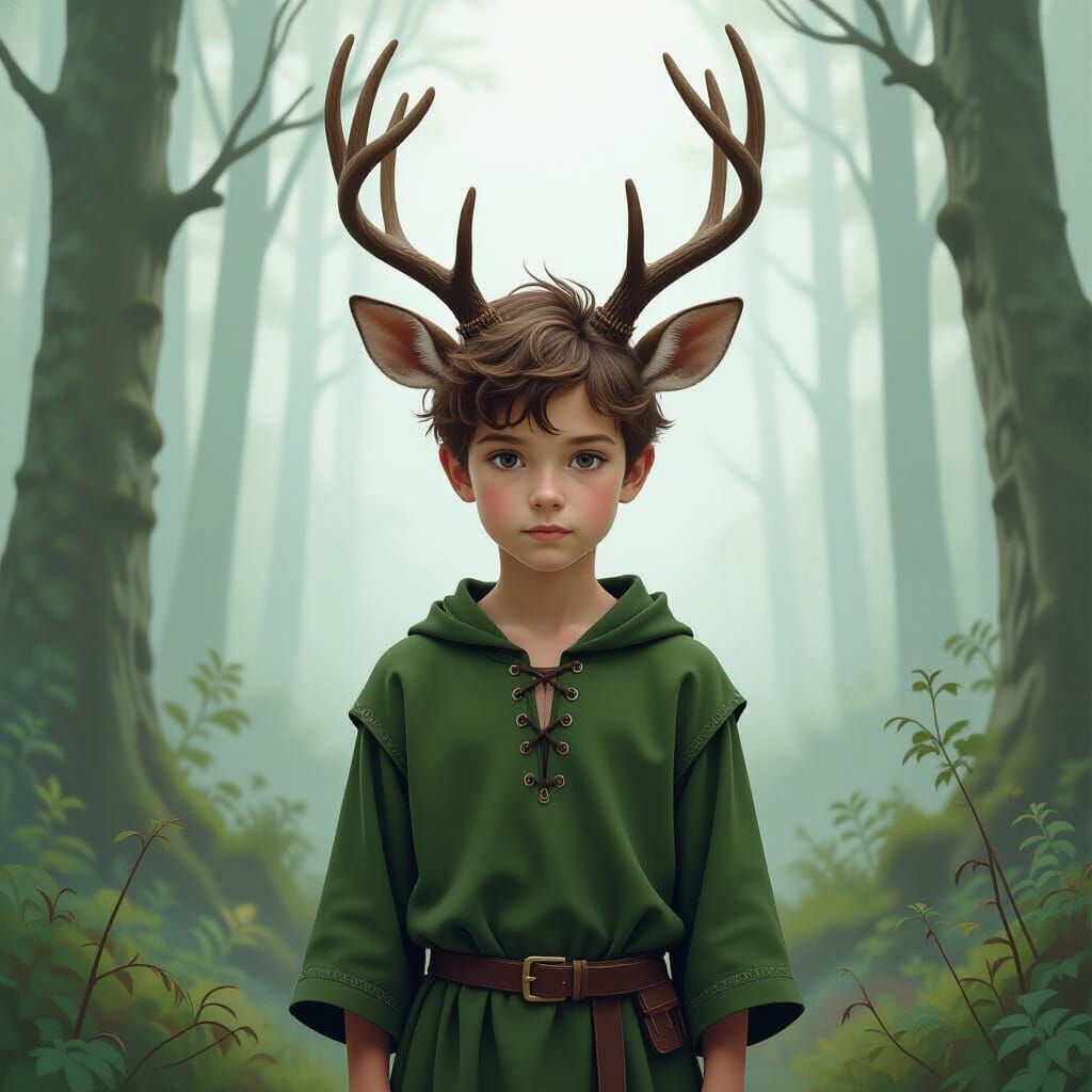 Deer-Boy in Misty Woodland, Whimsical Illustration