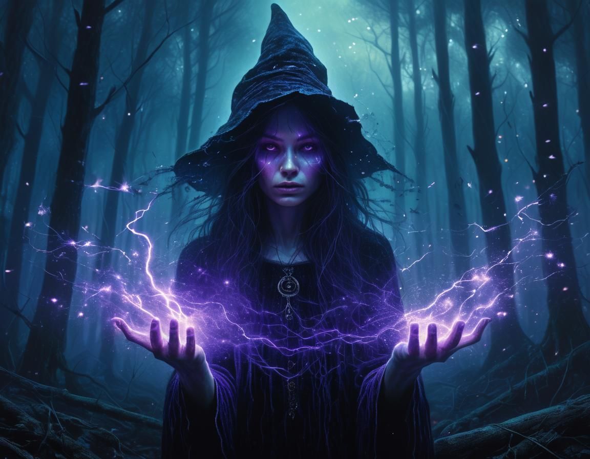 Enchanting Witch Conjures Lightning in Dark Forest