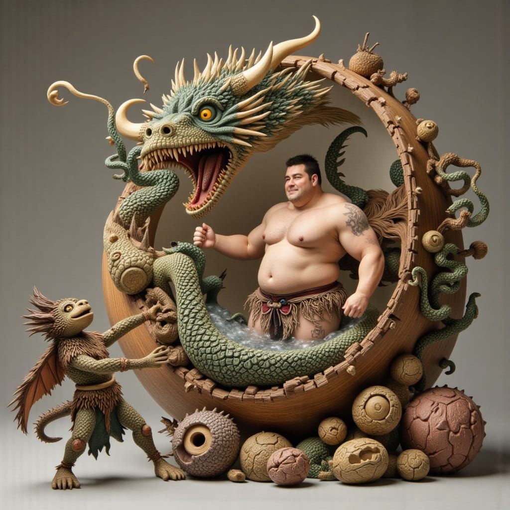 Sumo Wrestler and Dragon in Wooden Ball