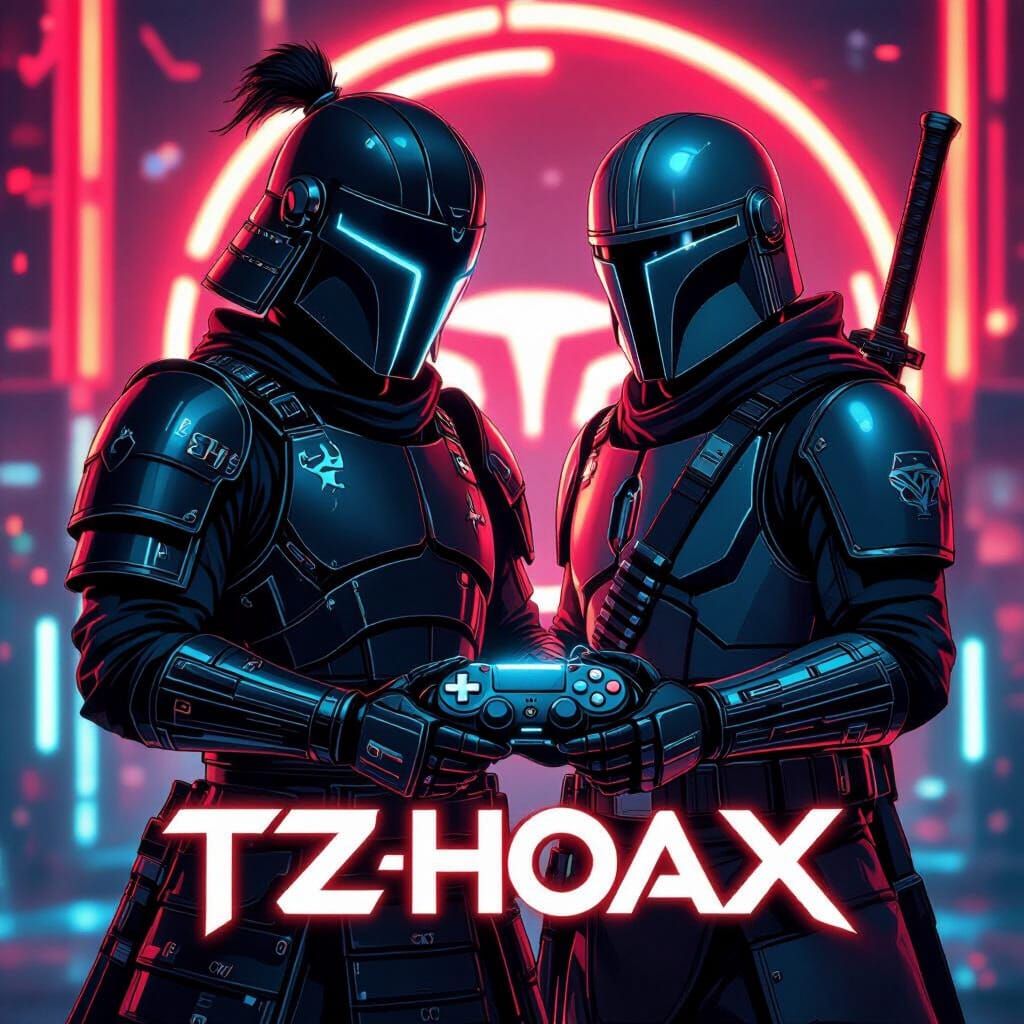 Anime Samurai with Glowing Controller in Neon Cityscape