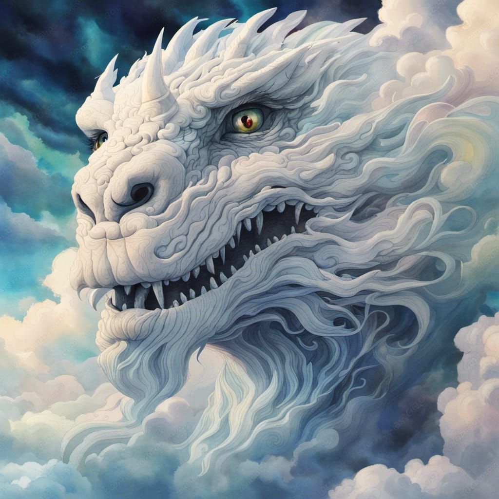 Otherworldly Falkor Cloudscape in Watercolor Style