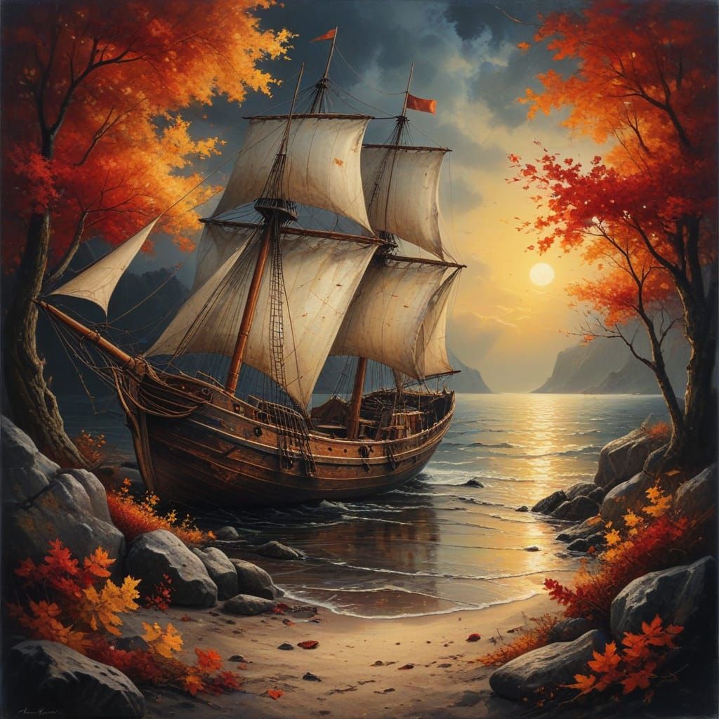 Abandoned Sailing Vessel on a Rocky Beach in Autumn