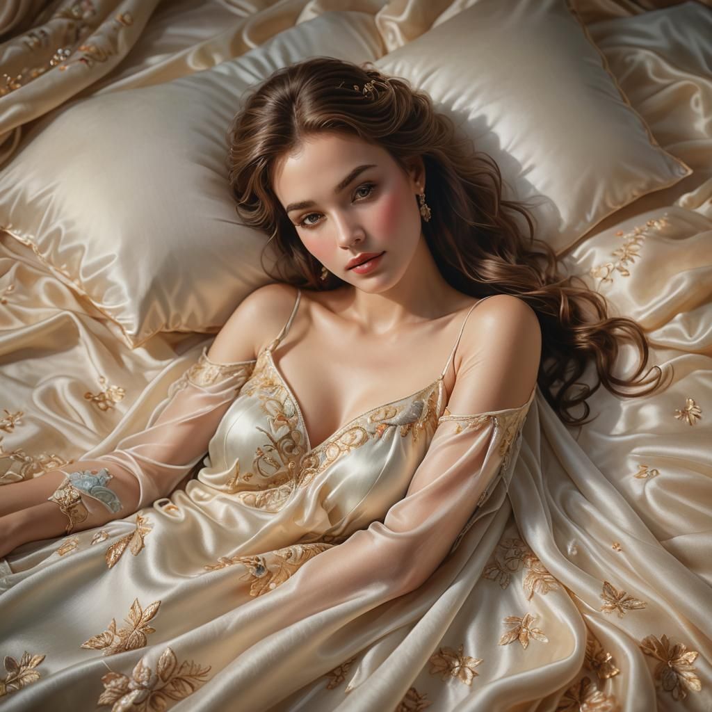 Ethereal Woman on Silk Sheets in Fantasy Realism