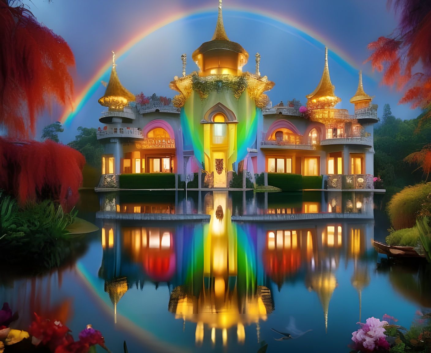 Fairytale Mansion with Rainbow Reflection