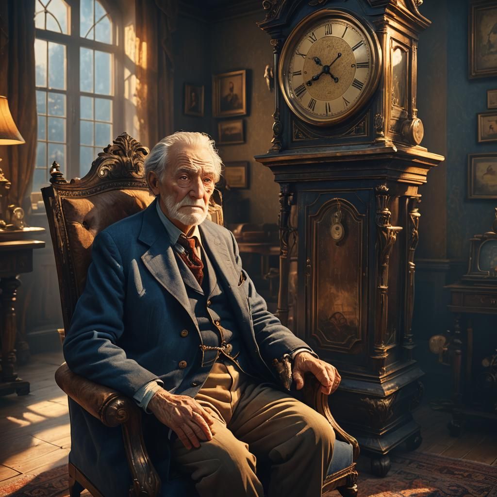 Old Man Watches Clock in Dramatic Golden Light