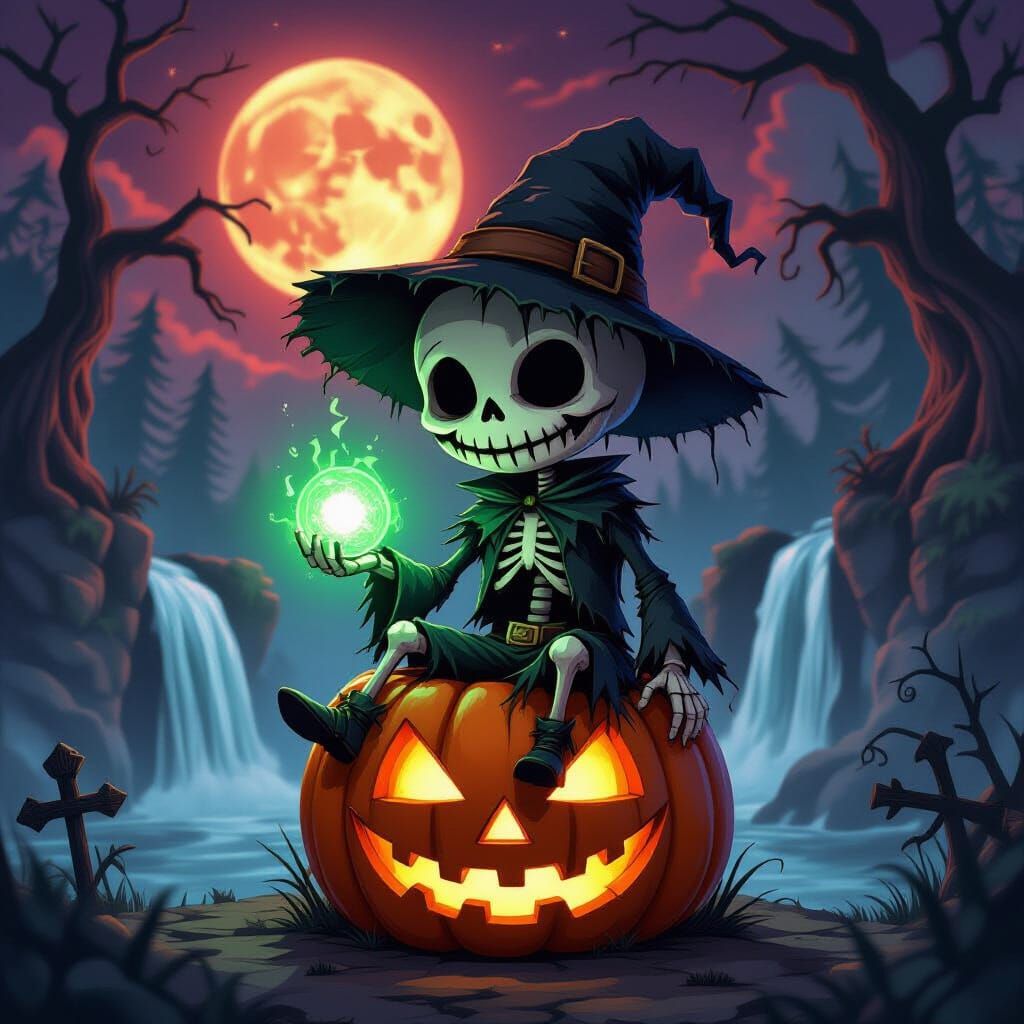 Skeletal Chibi Scarecrow with Glowing Orb
