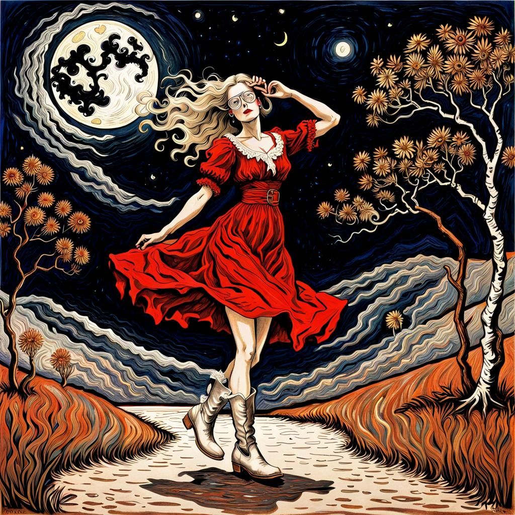 Woman Dancing Under Moon in European Ink Print Style