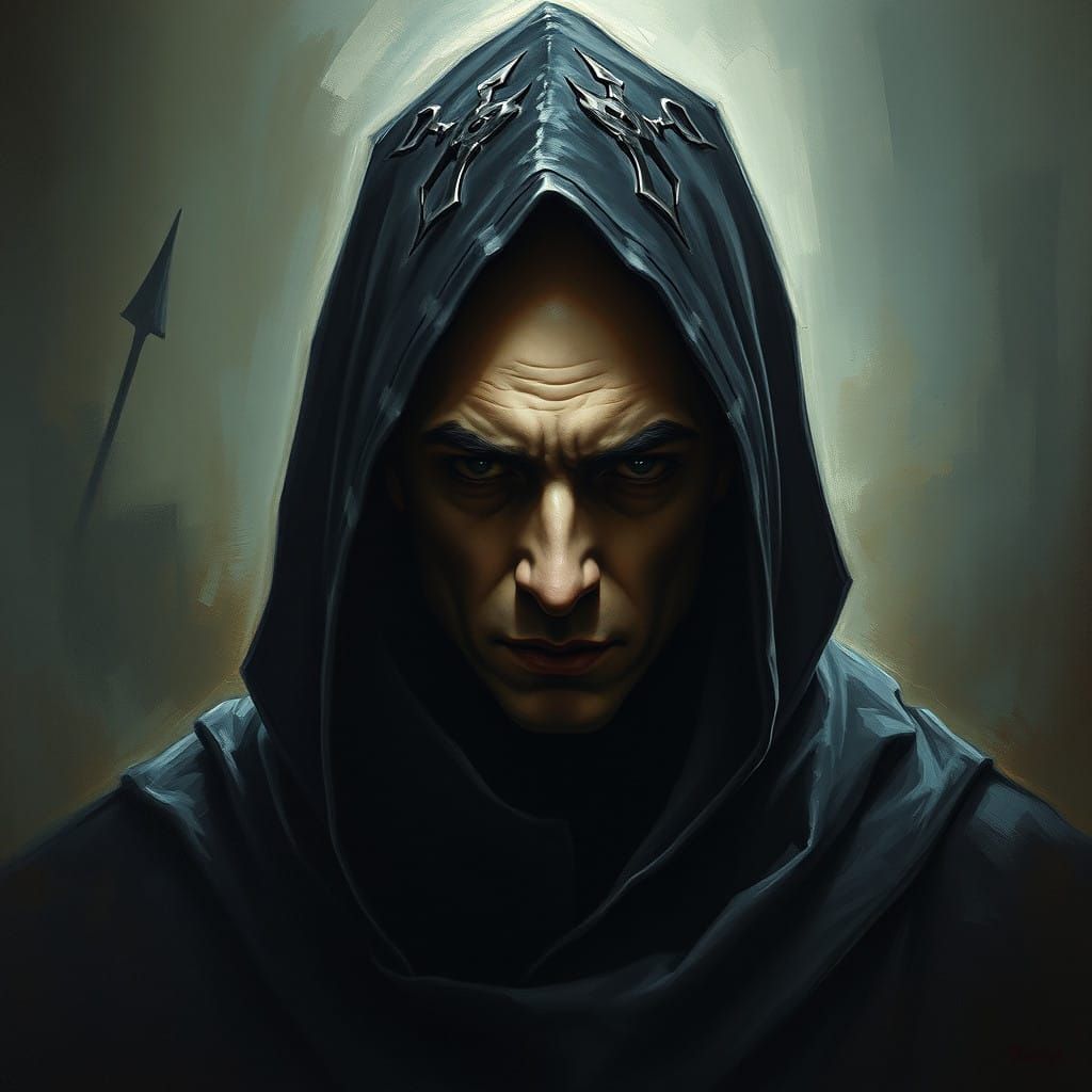 Mysterious Mage in Dark Hooded Cloak, Piercing Eyes