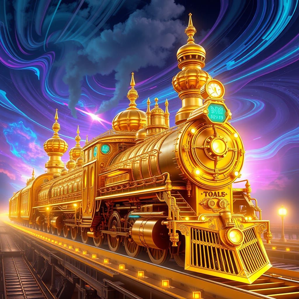 Hyperrealistic Steampunk Train in Gold with Futuristic Dome....