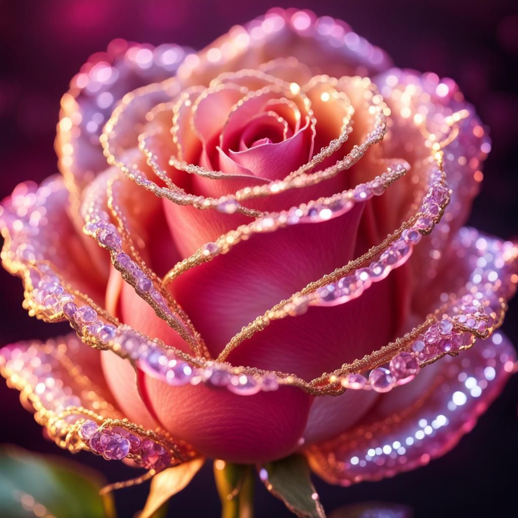 Luminous Pink Crystal Rose with Gold Trim