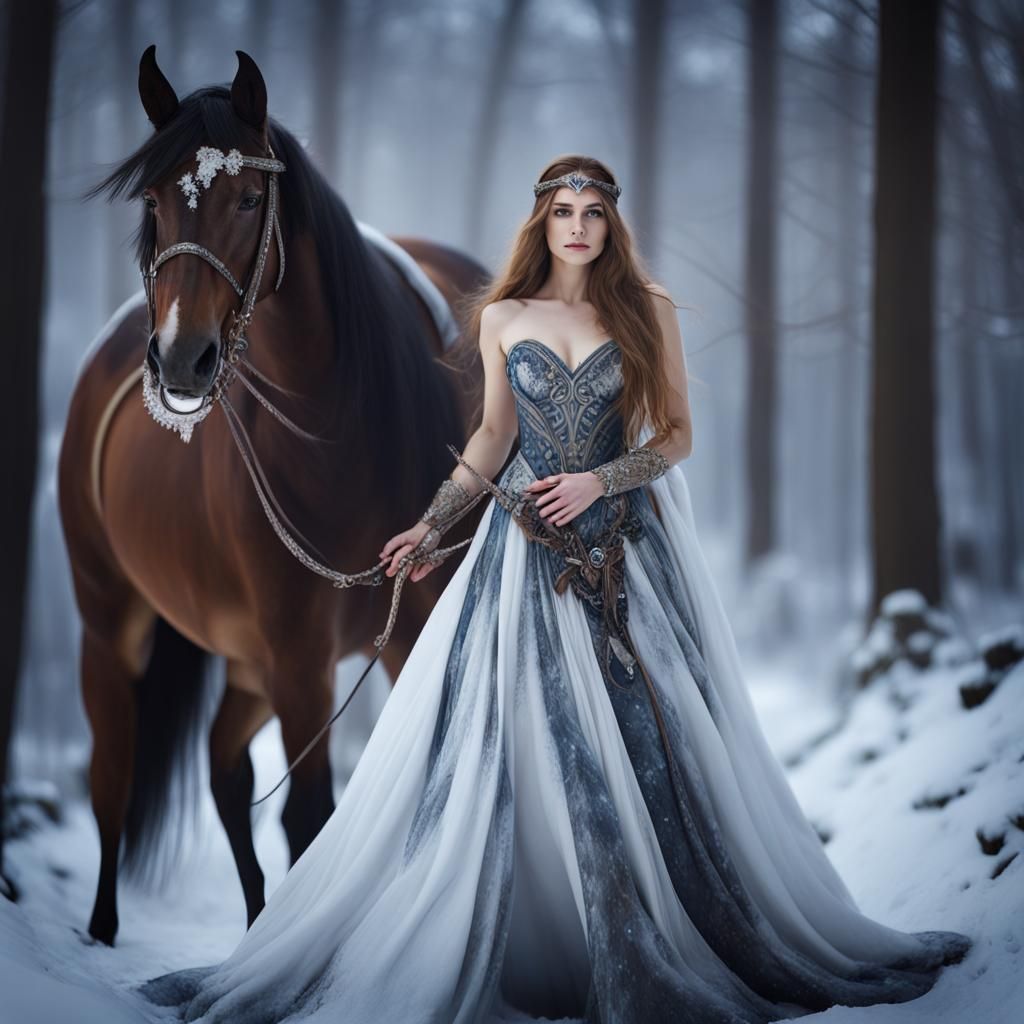 Ancient Snow Sorceress on Horseback in Snowy Woods