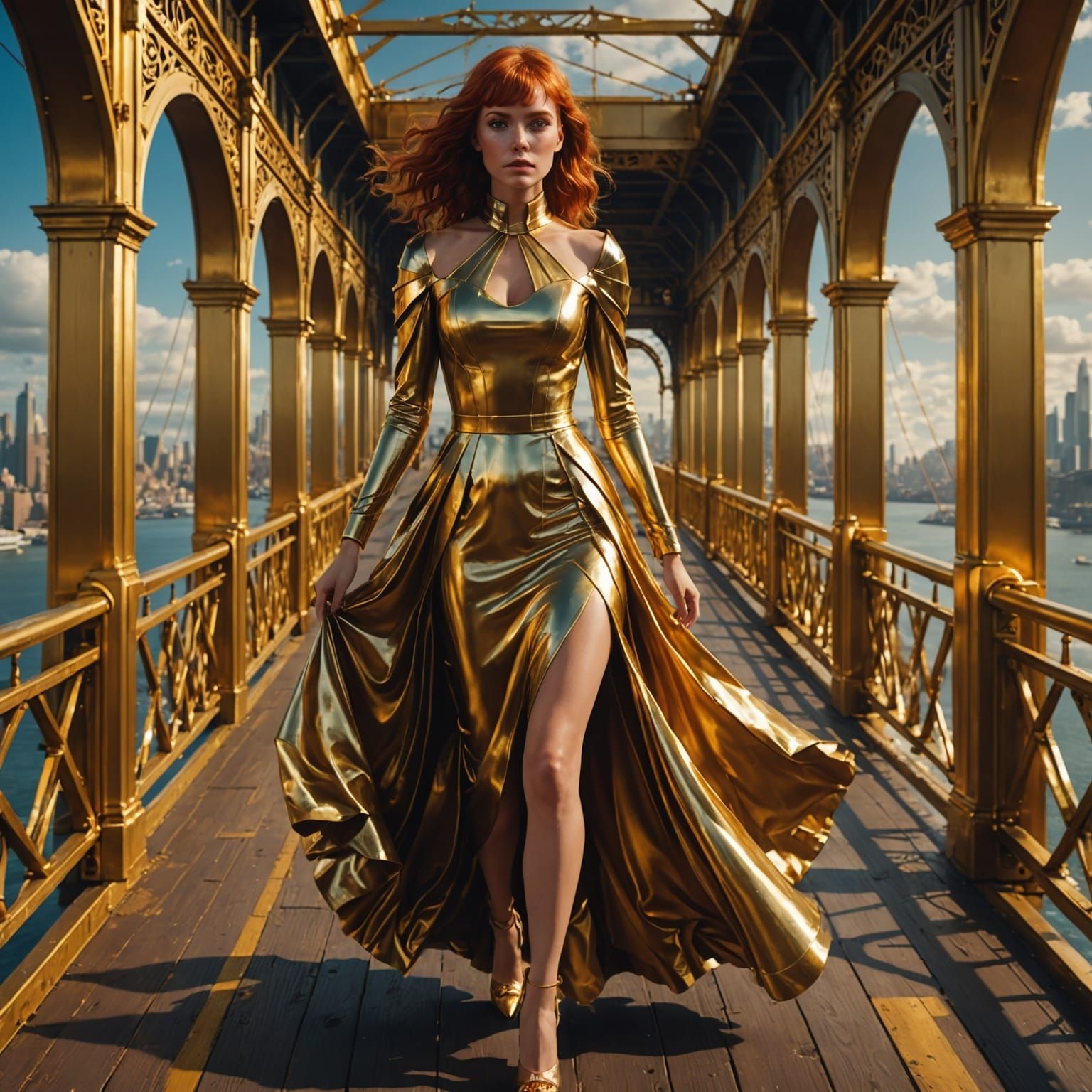 Fantasy Woman in Gold Dress on Golden Bridge