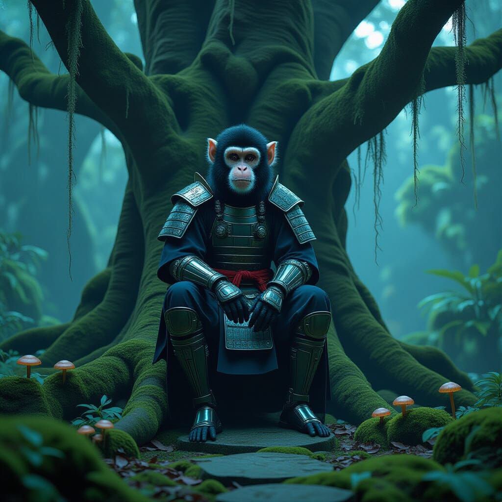 Bioluminescent Samurai Spider Monkey in Zen Garden