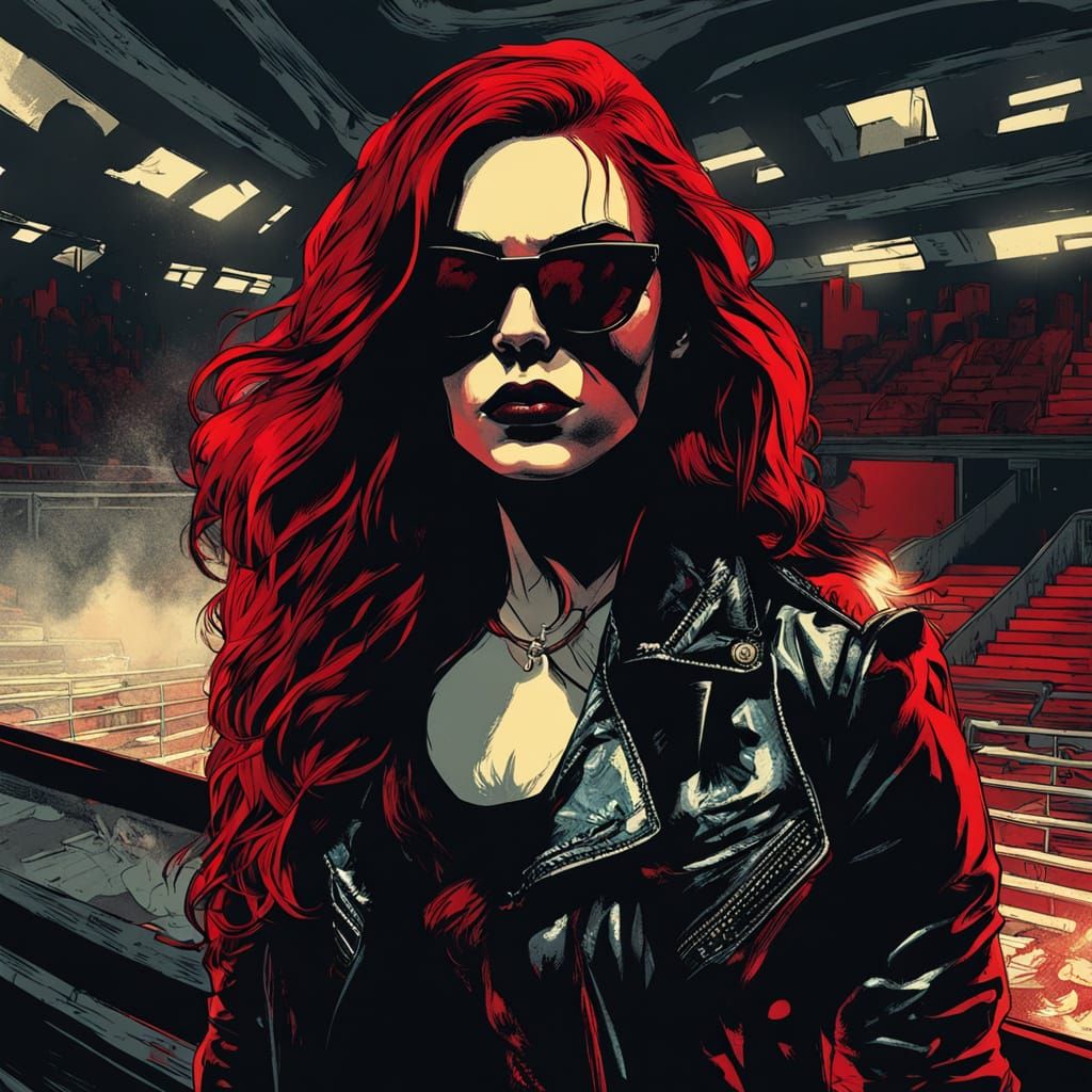 Gothic Noir Wrestler in Red Leather and Mirrored Sunglasses