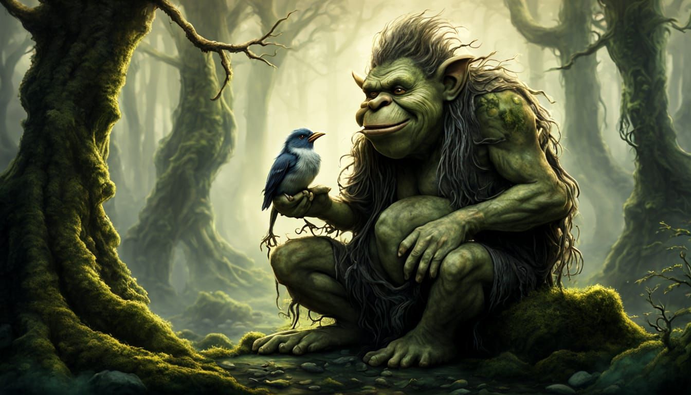Moss Troll with Bird in Ancient Forest