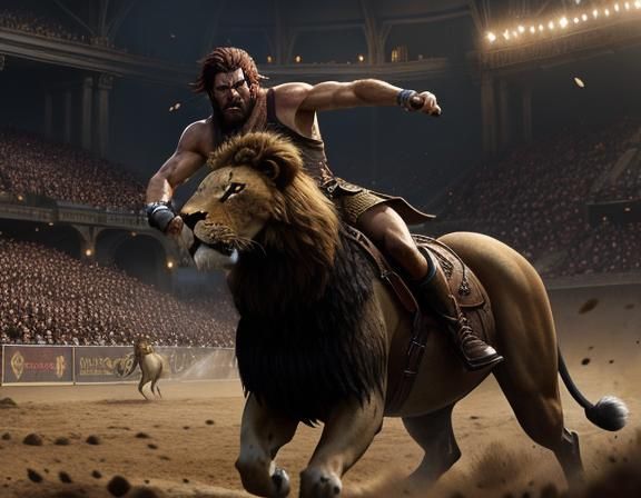 Gladiator vs Lion in Arena: Academic Oil Painting