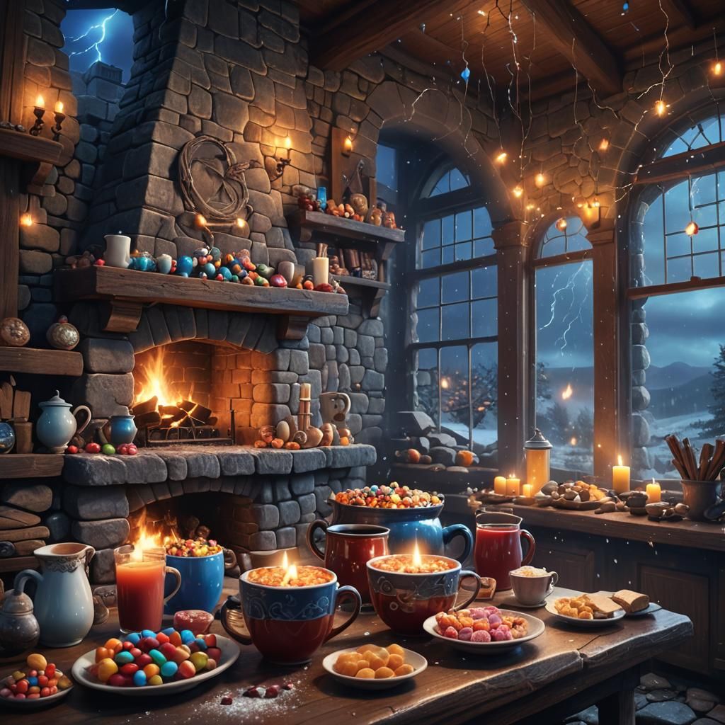 Cozy Fireplace Scene with Rainy Night Sky