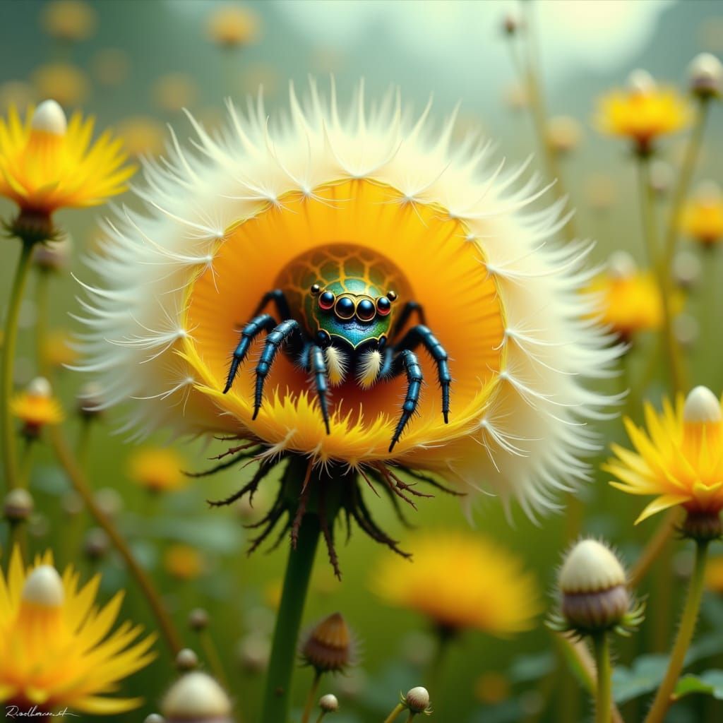 Jumping Spider in Dandelion Seed Ball, Dreamy Art