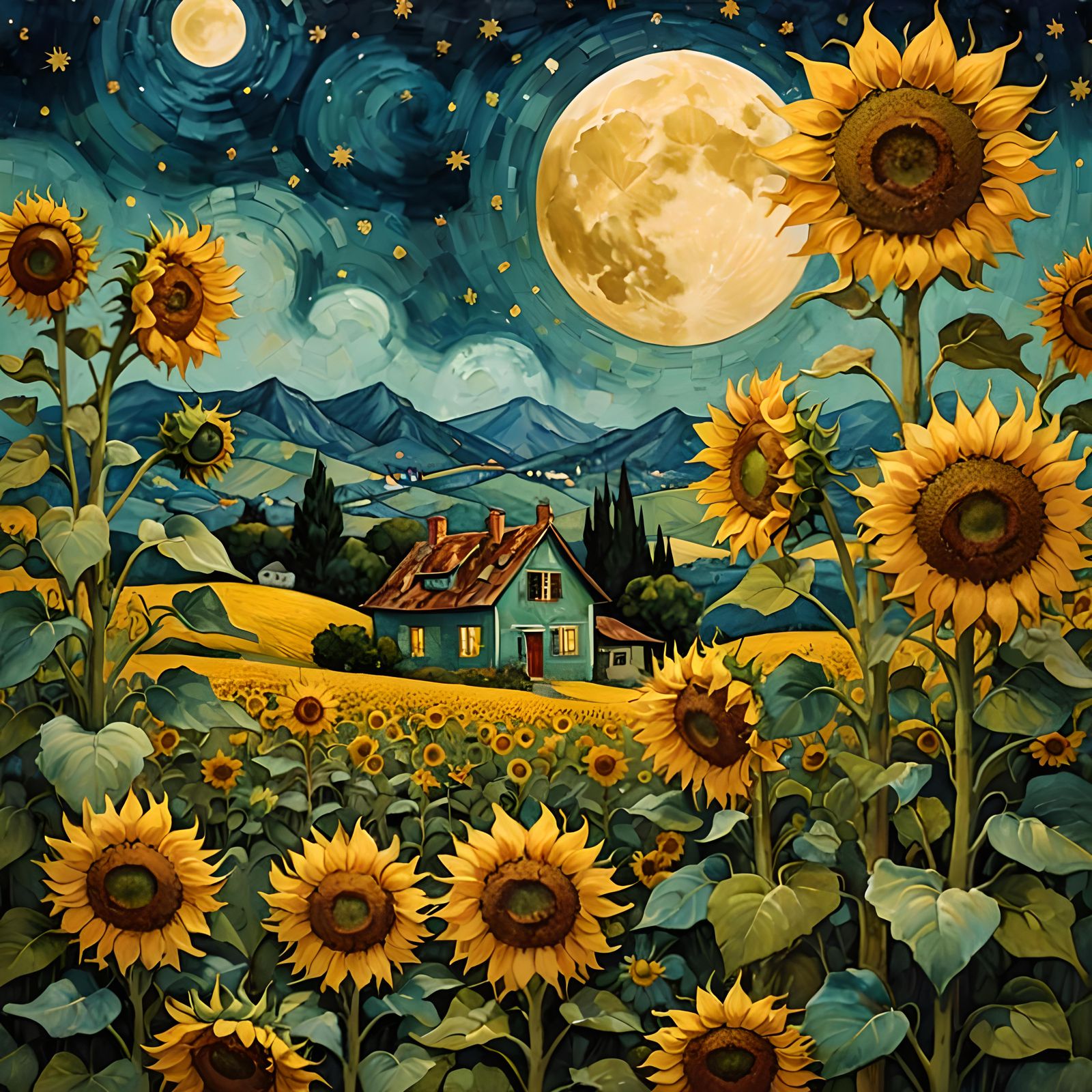 Sunflower Field Under the Moonlight
