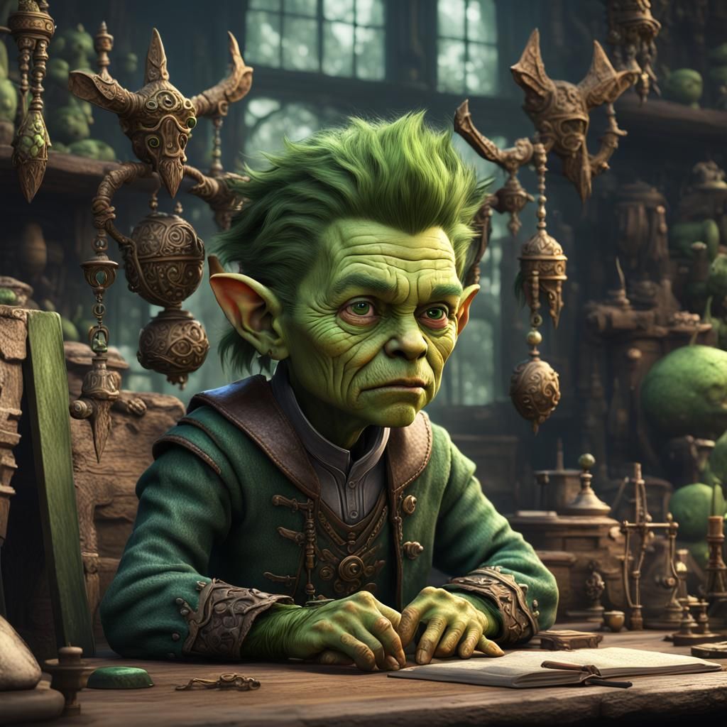 Goblin Artificer at Desk: Fantasy Concept Art