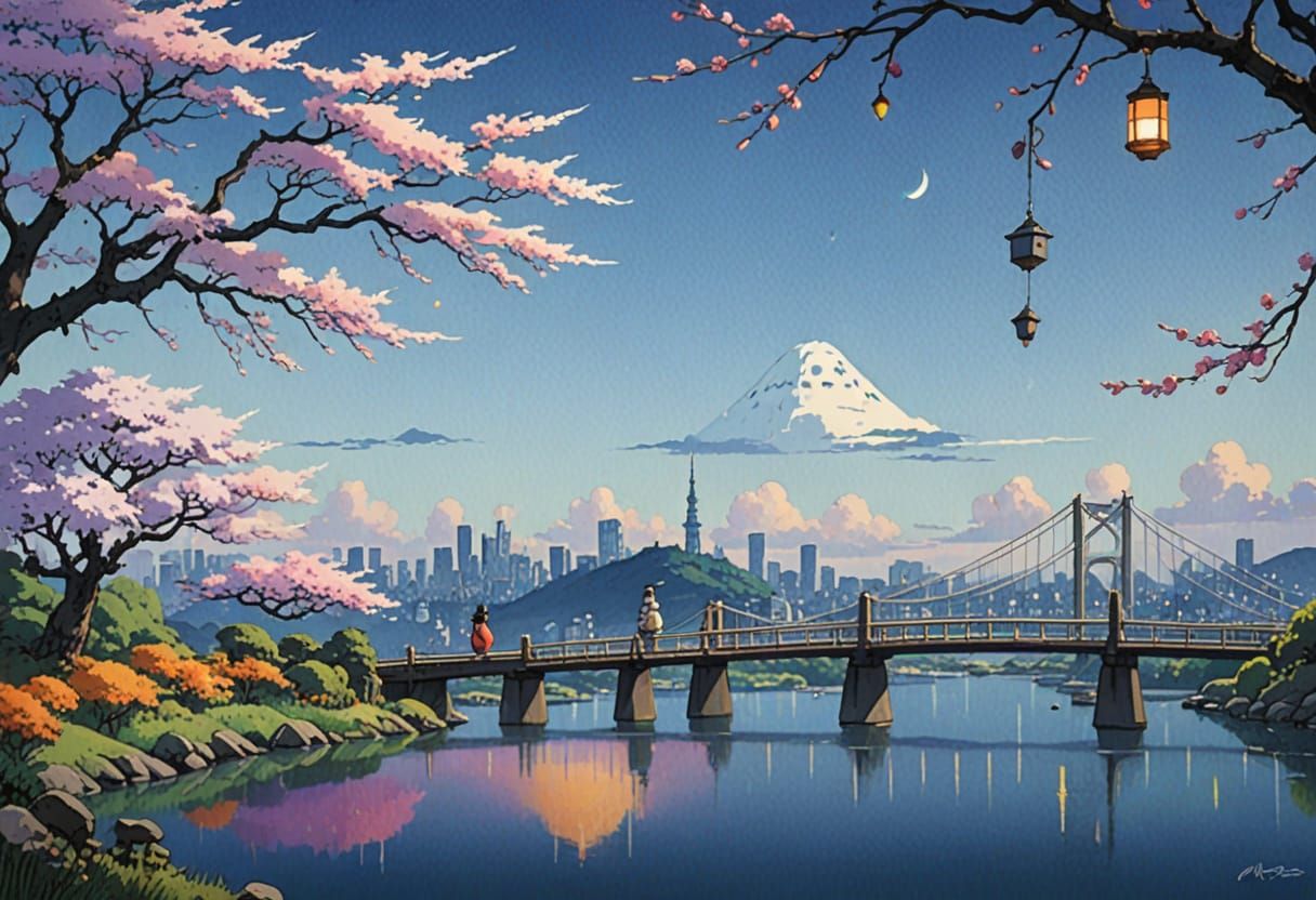 Totoro with Present Overlooking Tokyo: Ghibli Watercolor