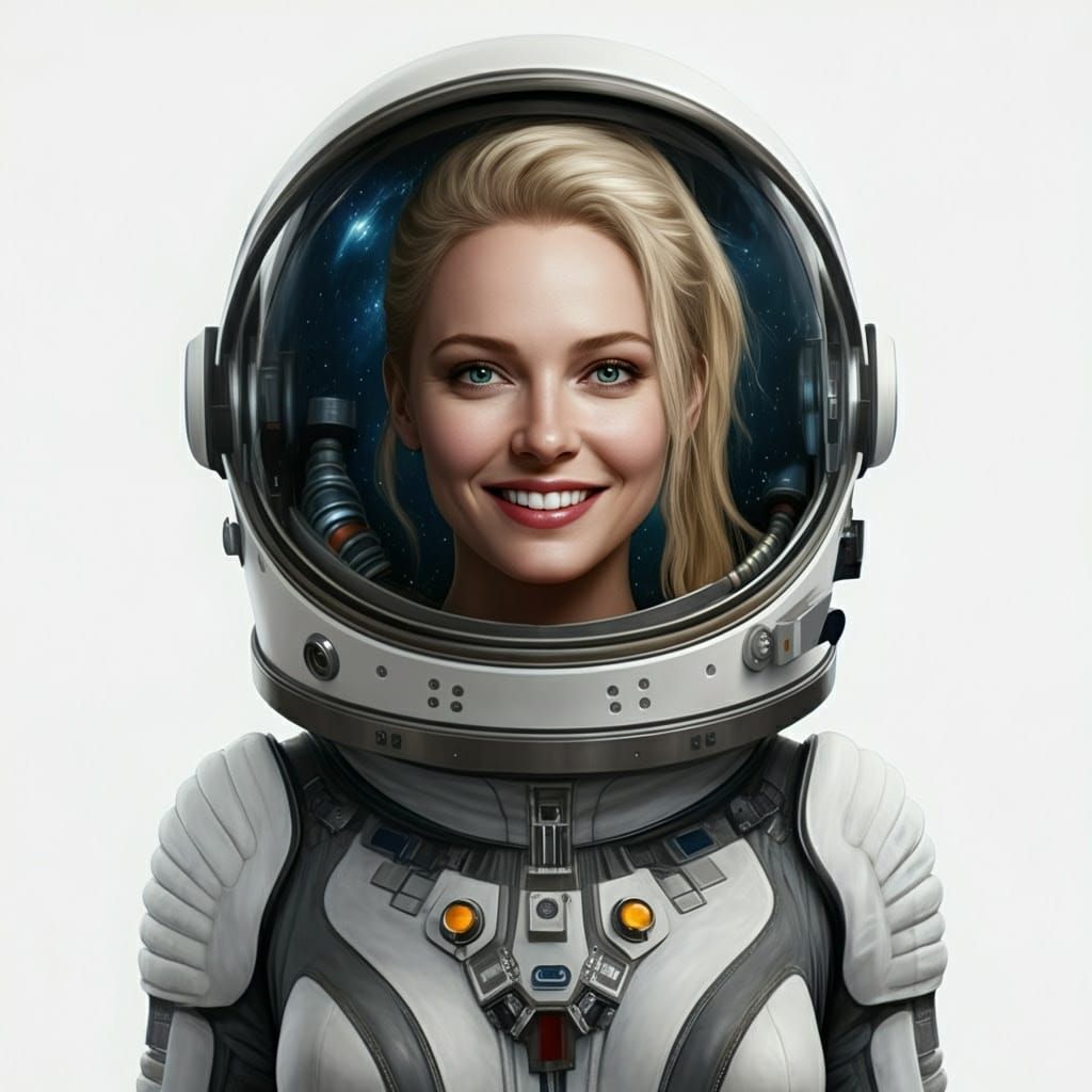 Surreal Female Astronaut Smiles in White Spacesuit with Pony...