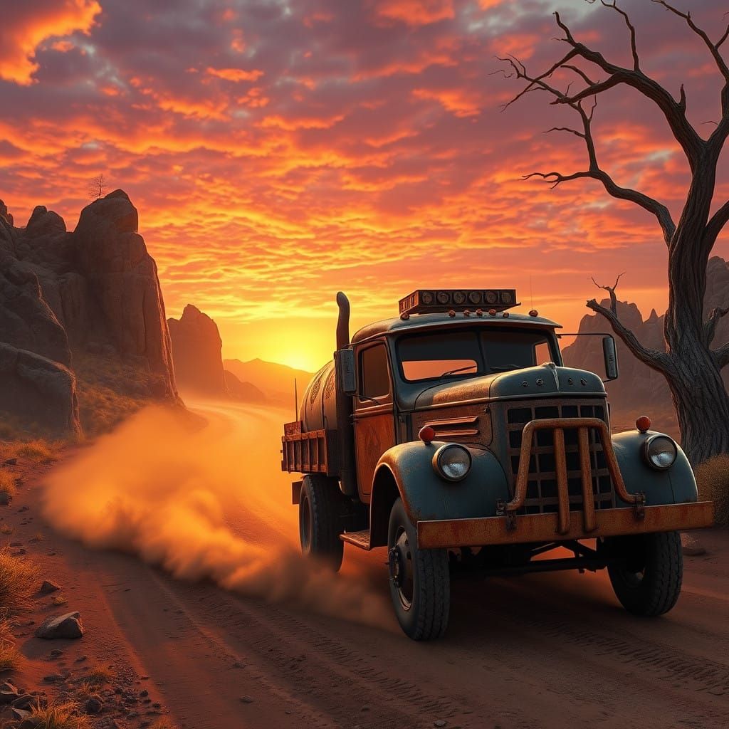 Rugged Sunset Landscape with Weathered Truck