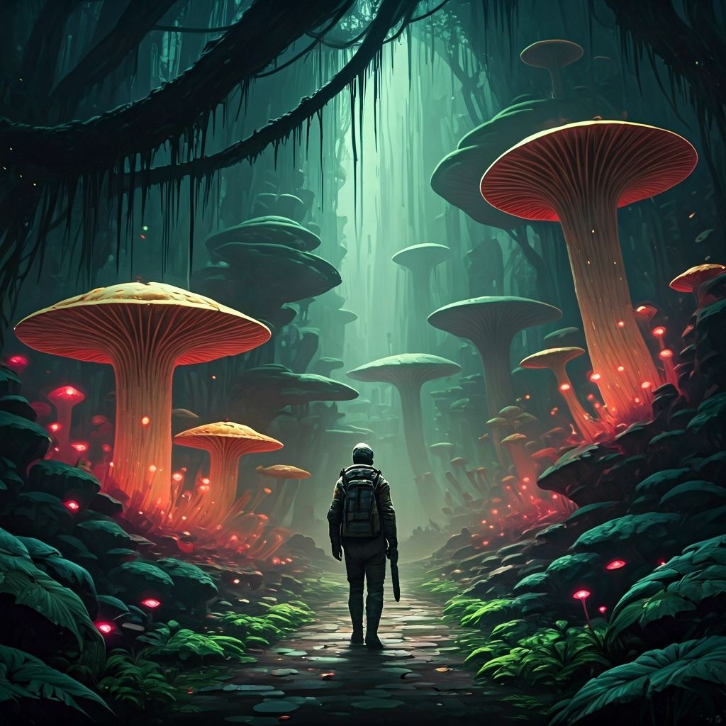 Explorer in Alien Jungle with Glowing Fungi