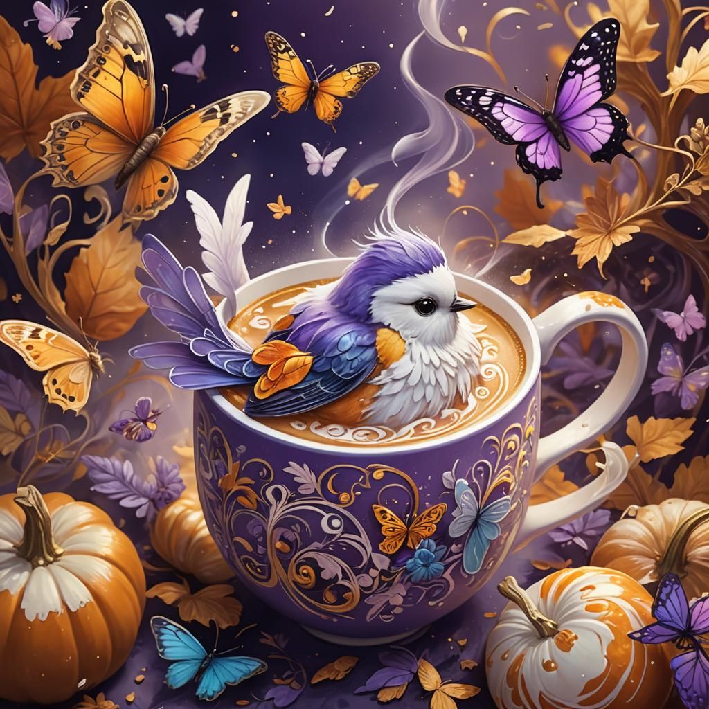 Whimsical Bird on Latte Mug: Fantasy Concept Art