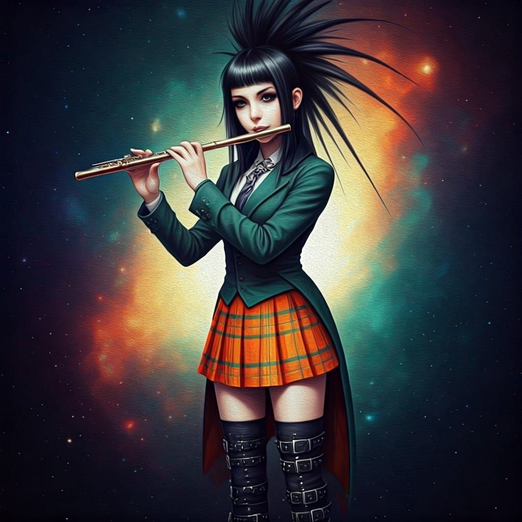 Punk Girl Playing Flute Amidst Cosmic Tapestry