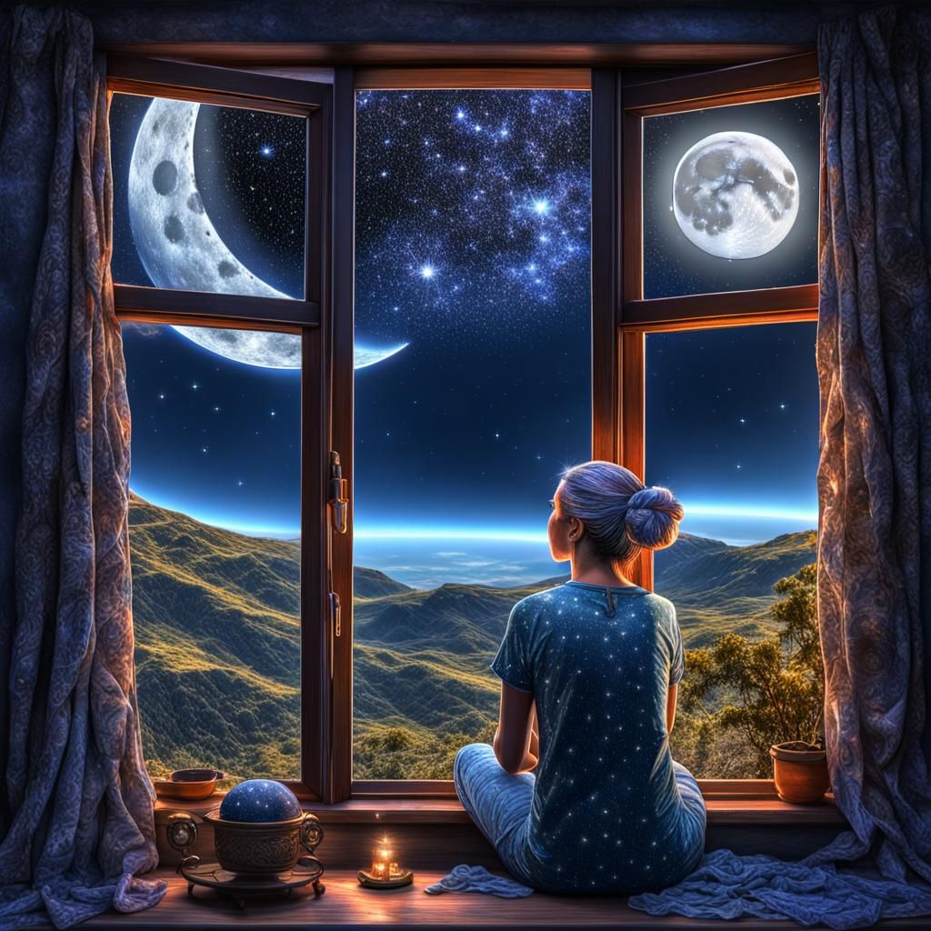 Astral Woman with Universe Hair, Holographic Illustration