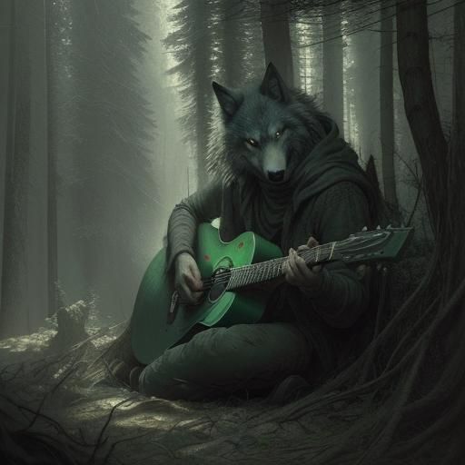 Wolf Guitarist in Dark Forest, Horror Style