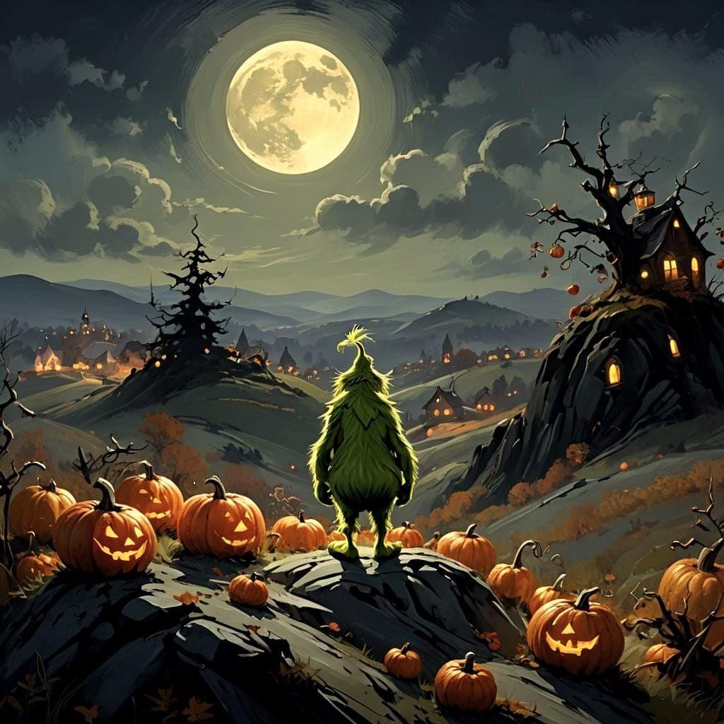 Grinch Overlooks Pumpkin Hill in Digital Painting