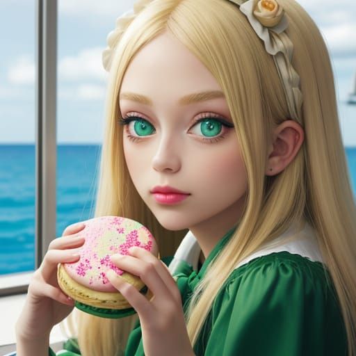 Blonde Girl Eats Colorful Macaron at Sea