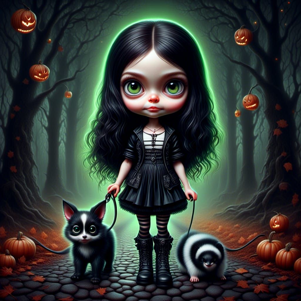 Gothic Chibi Woman Walking Skunk in Fall