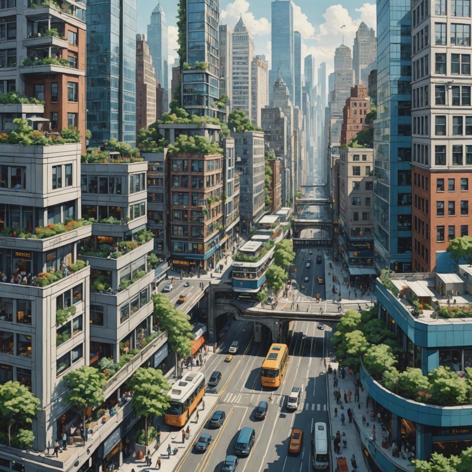 Detailed Cityscape Illustration with Muted Color Palette