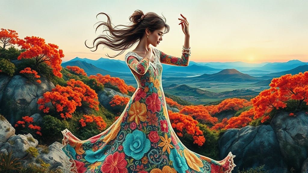 Woman Dancing in Landscape, Fluid Gouache Painting