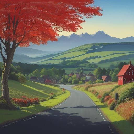 English Countryside Road in Vintage Travel Poster Style