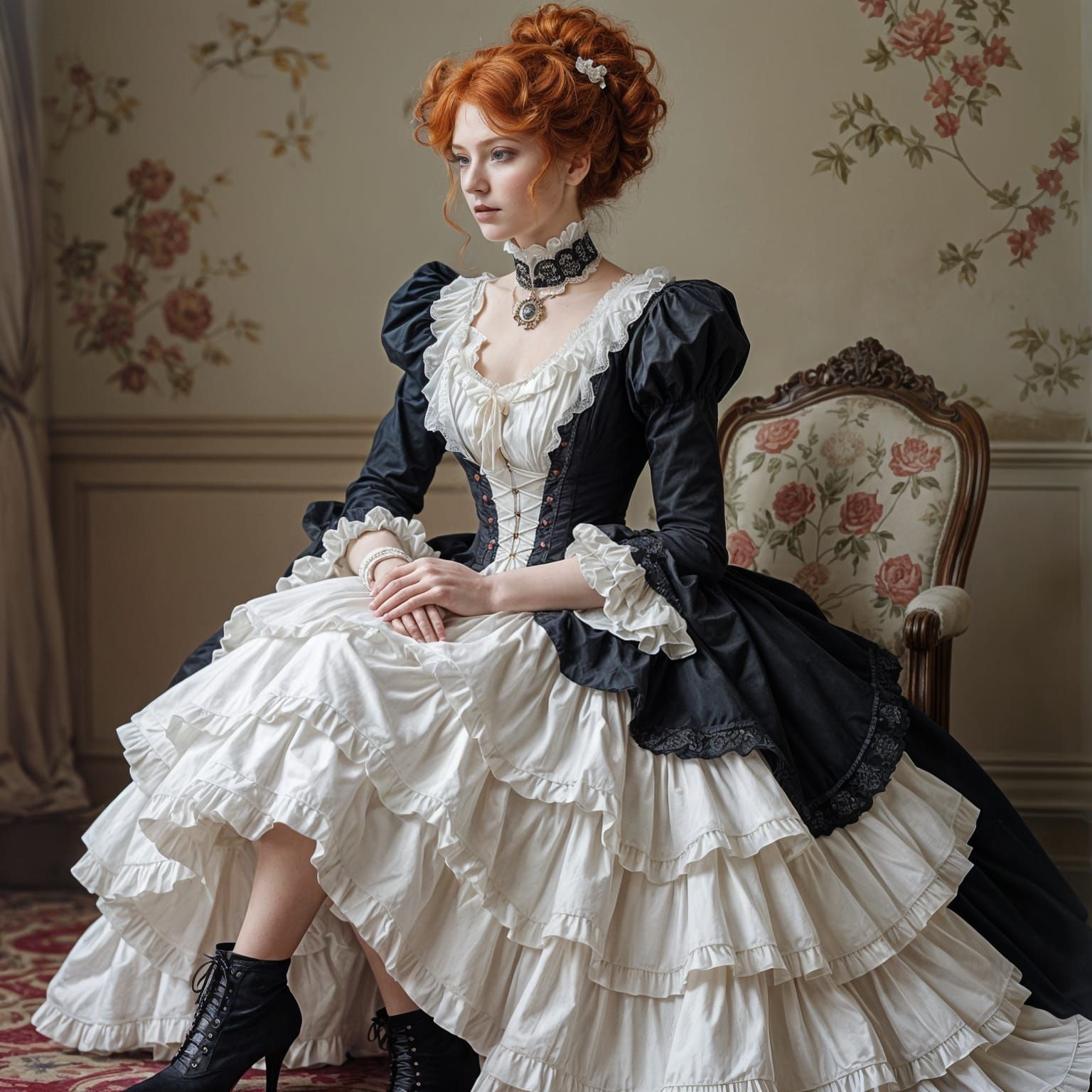 Beautiful Red-haired lady dressed in Victorian fluffs and puffs showing leg under white frills full body.
Double exposur...