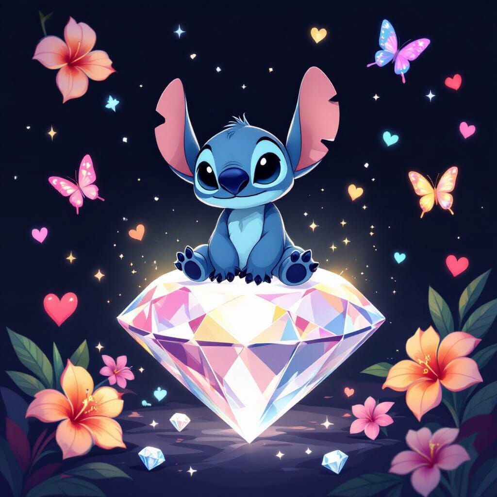 Stitch on Diamond with Hearts and Butterflies
