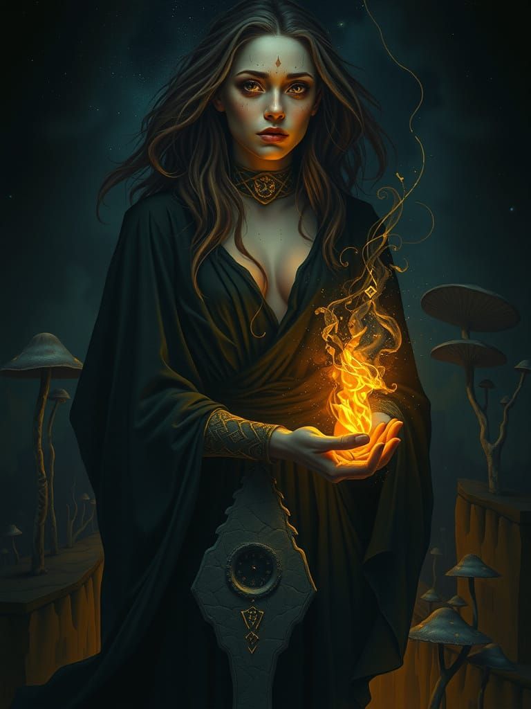 Dark Fantasy Woman Holds Living Flame on Impossible Bridge