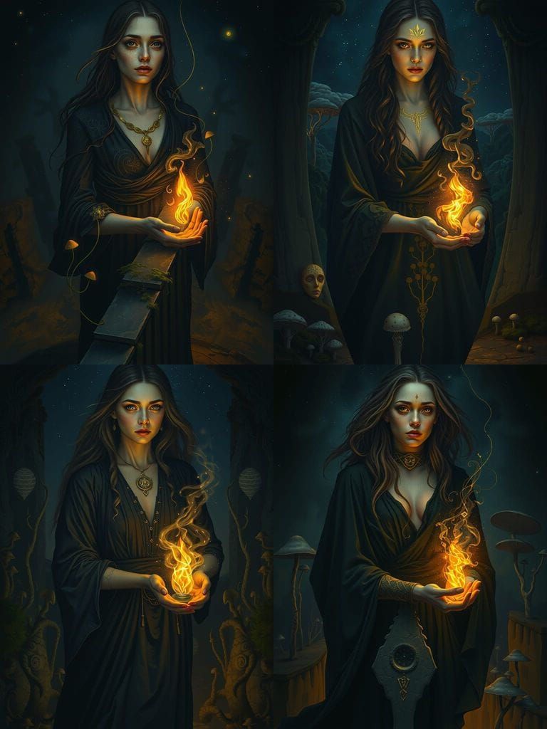 Surreal Dark Fantasy Painting of Woman Holding Flame